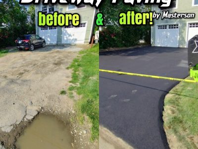 Before driveway paving on the left side of the picture is a giant puddle and dirt driveway. After Masterson Paving new driveway installation on the right side.